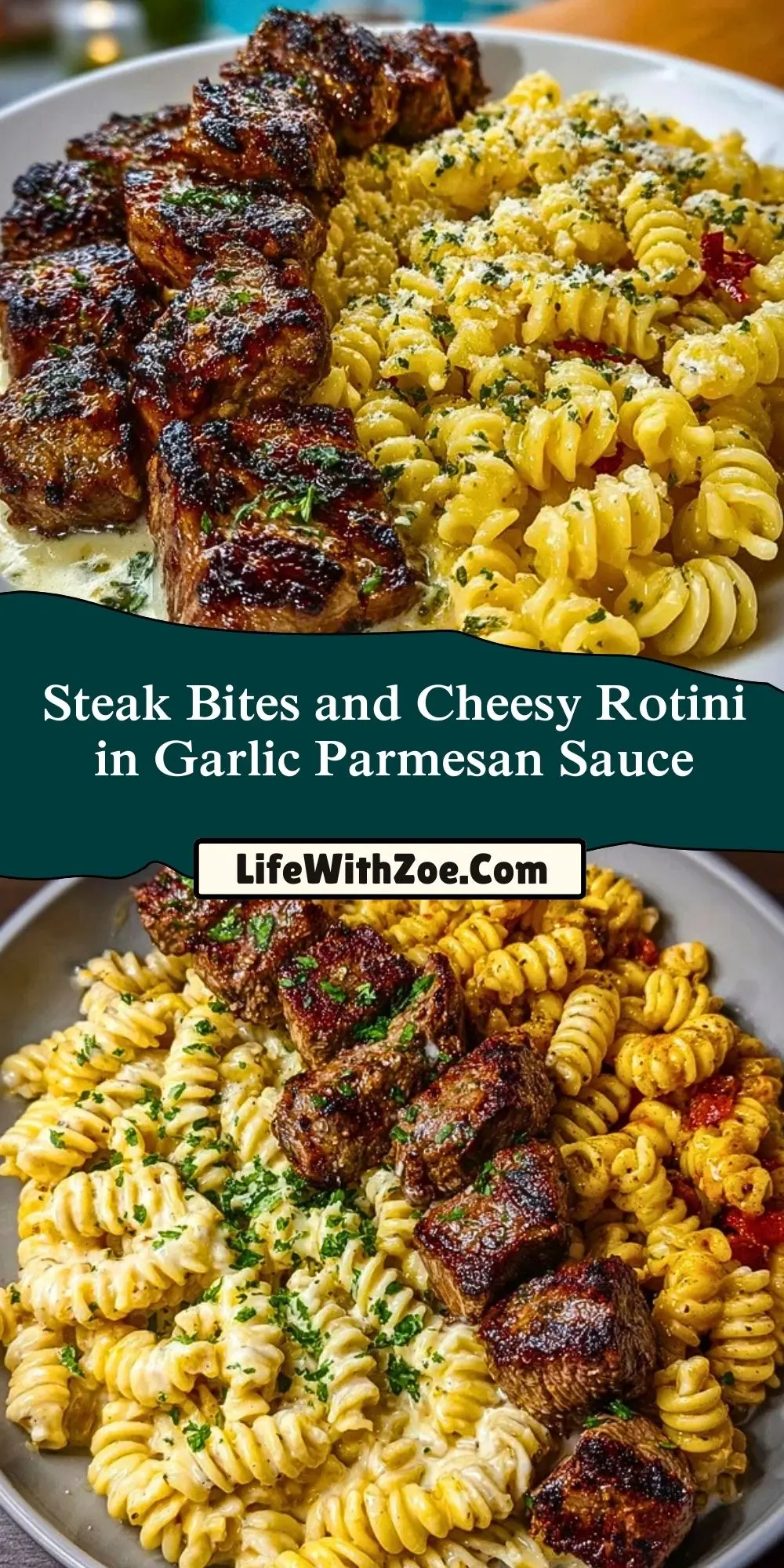 Steak Bites and Cheesy Rotini in Garlic Parmesan Sauce Pin 1