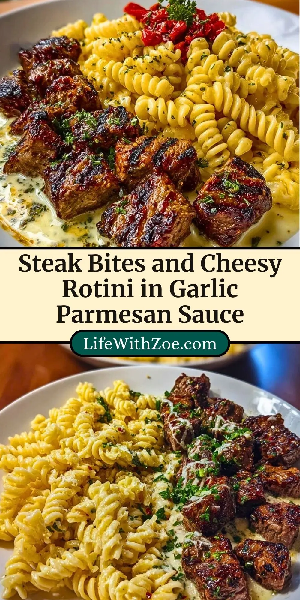 Steak Bites and Cheesy Rotini in Garlic Parmesan Sauce Pin 2