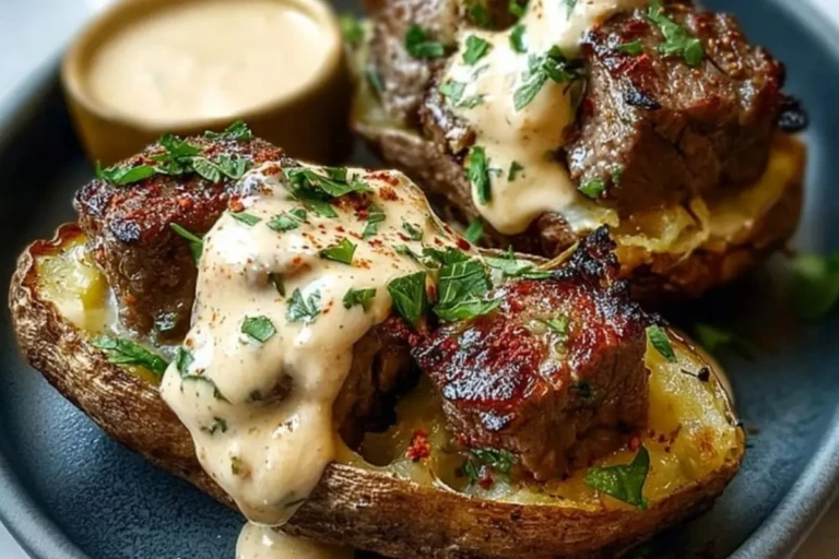 Steak-Stuffed Baked Potatoes with Parmesan Cream Sauce 1
