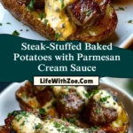 Steak-Stuffed Baked Potatoes with Parmesan Cream Sauce Pin 1