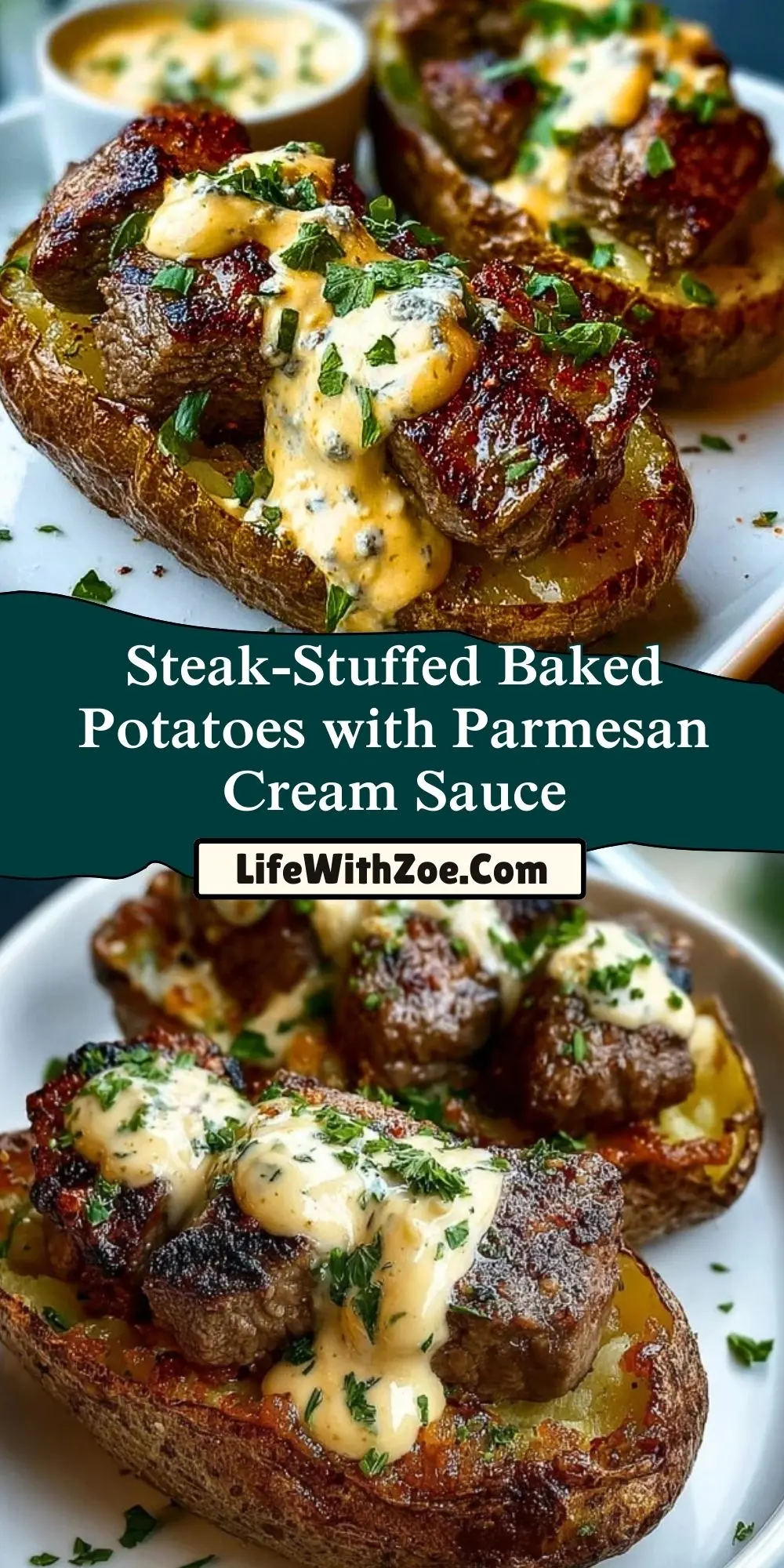 Steak-Stuffed Baked Potatoes with Parmesan Cream Sauce Pin 1