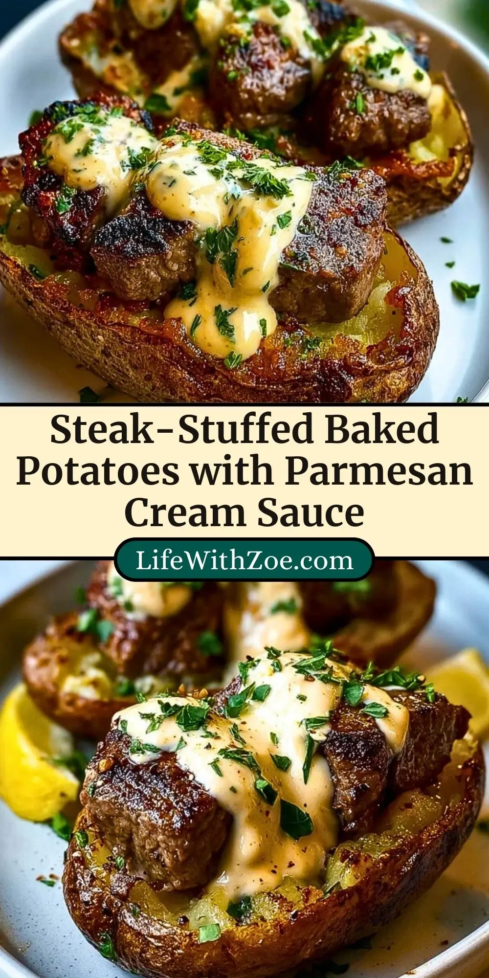 Steak-Stuffed Baked Potatoes with Parmesan Cream Sauce Pin 2