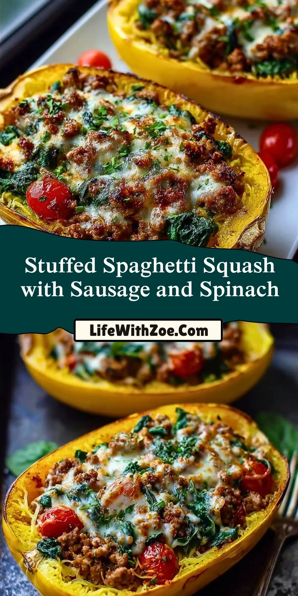 Stuffed Spaghetti Squash with Sausage and Spinach Pin 1