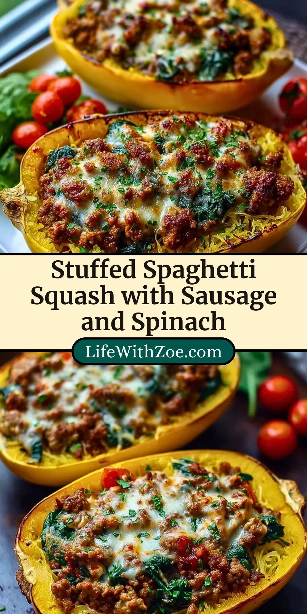 Stuffed Spaghetti Squash with Sausage and Spinach Pin 2