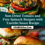 Sun-Dried Tomato and Feta Spinach Burgers with Tzatziki Sauce Recipe Pin 1