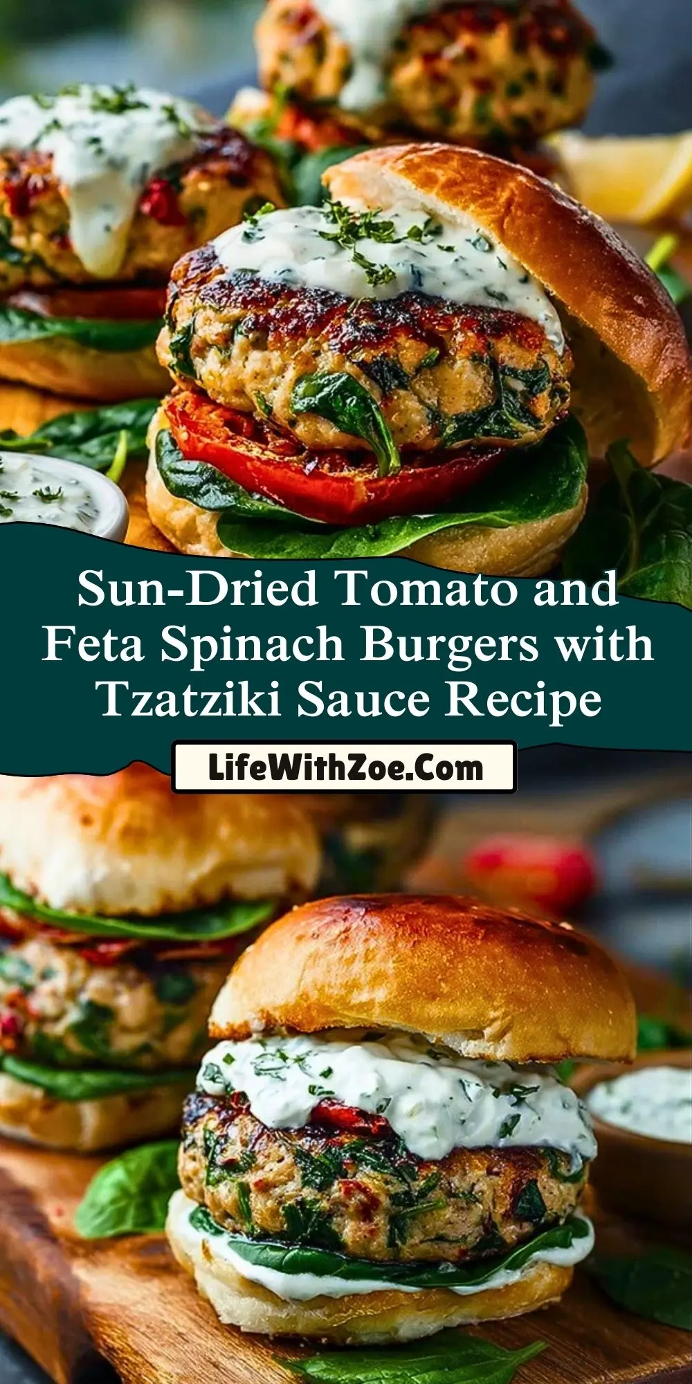 Sun-Dried Tomato and Feta Spinach Burgers with Tzatziki Sauce Recipe Pin 1