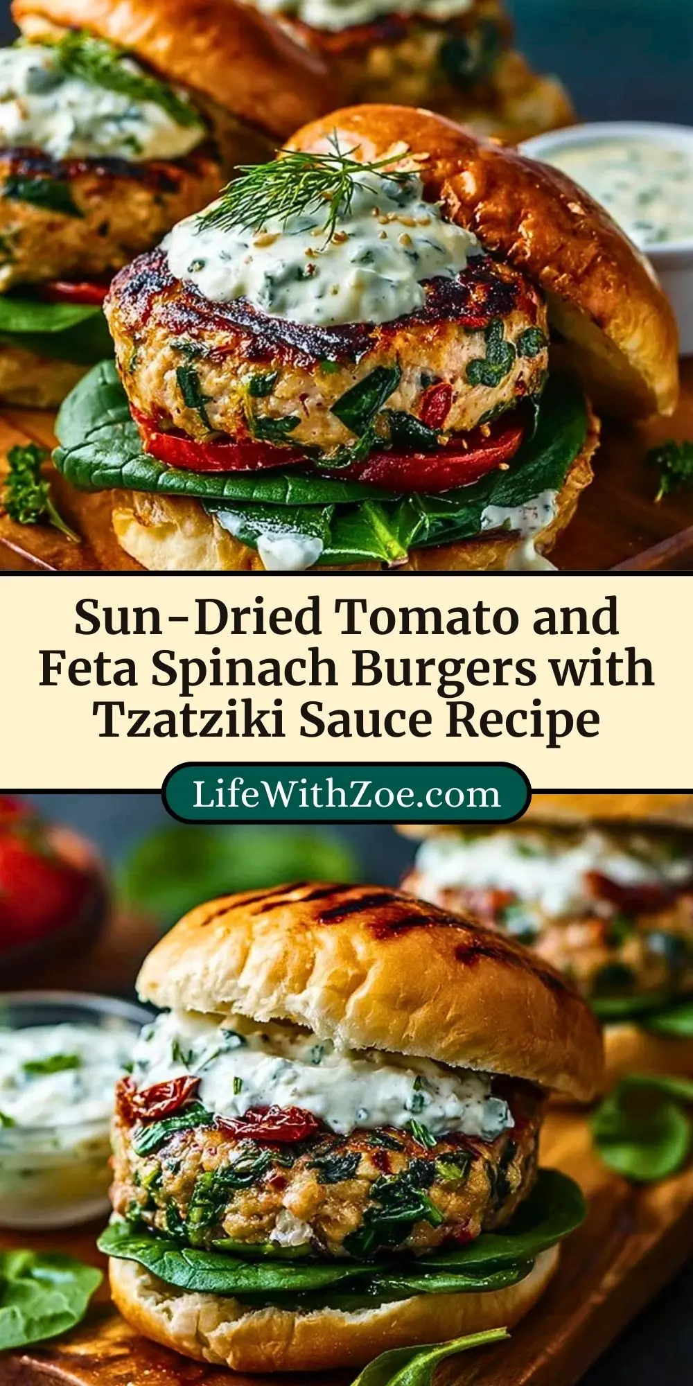 Sun-Dried Tomato and Feta Spinach Burgers with Tzatziki Sauce Recipe Pin 2