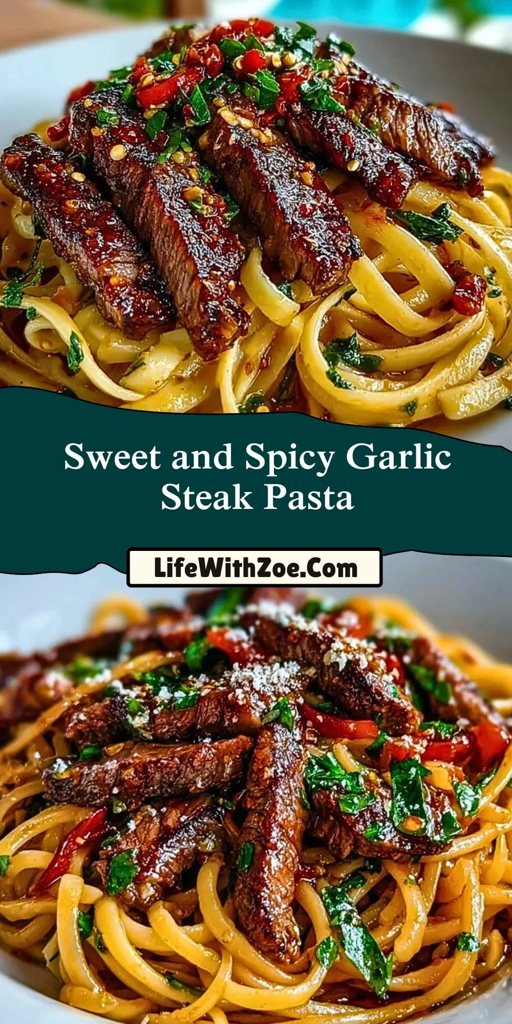 Sweet and Spicy Garlic Steak Pasta Pin 1