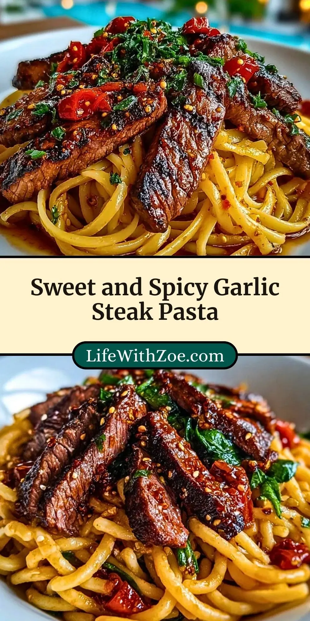 Sweet and Spicy Garlic Steak Pasta Pin 2