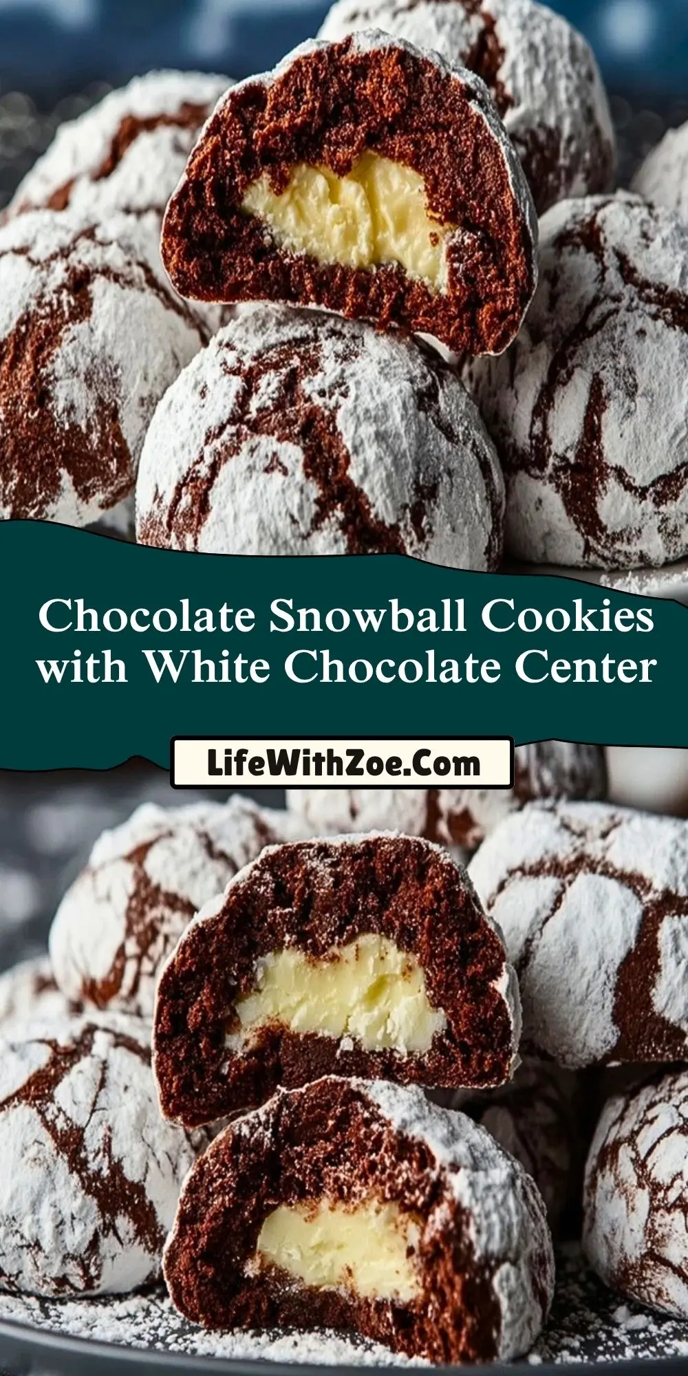 Chocolate Snowball Cookies with White Chocolate Center Pin 1