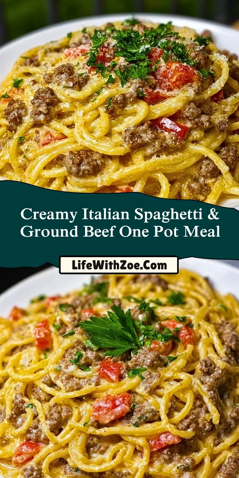 Creamy Italian Spaghetti & Ground Beef One Pot Meal Pin 1