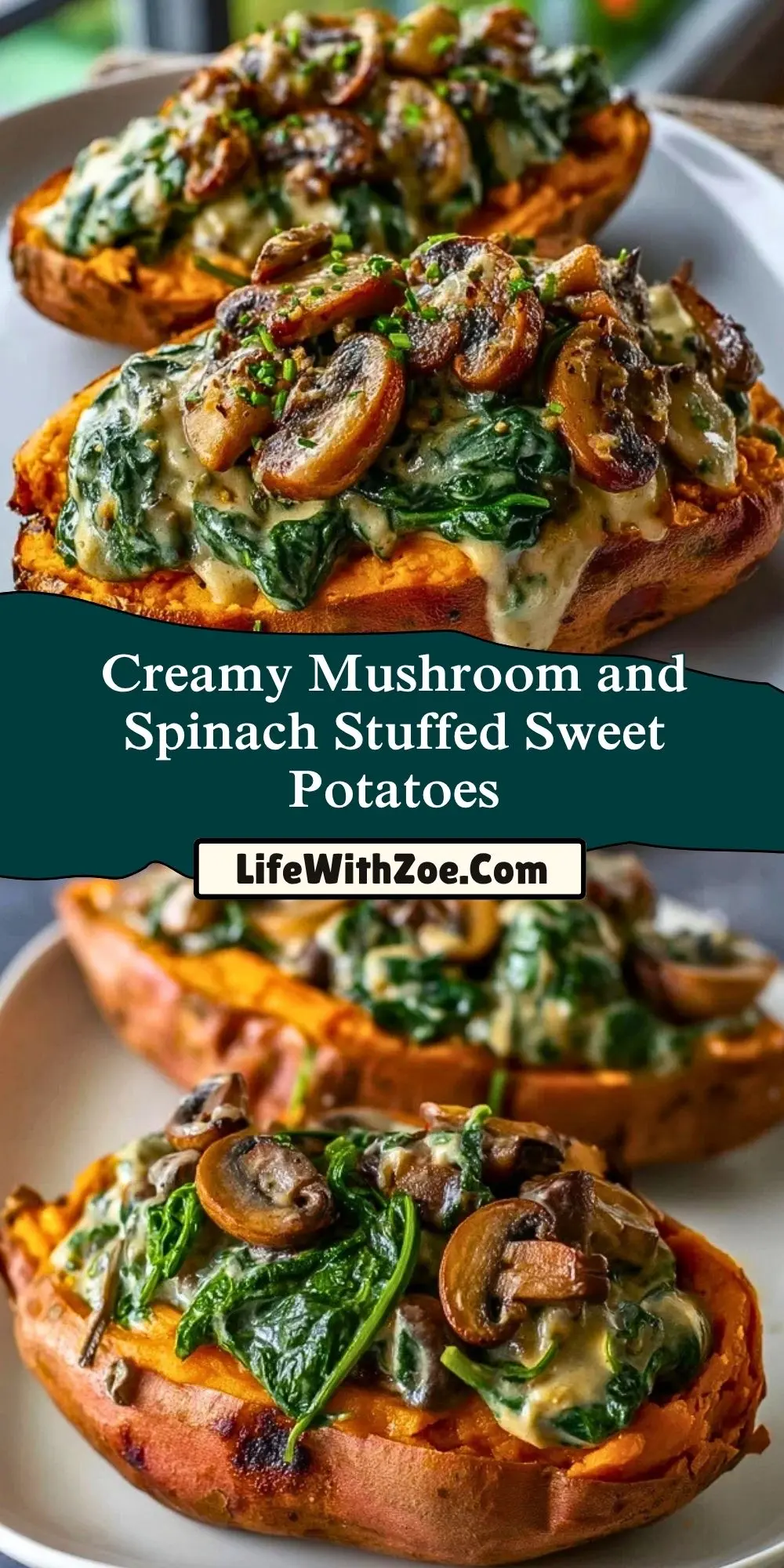 Creamy Mushroom and Spinach Stuffed Sweet Potatoes Pin 1