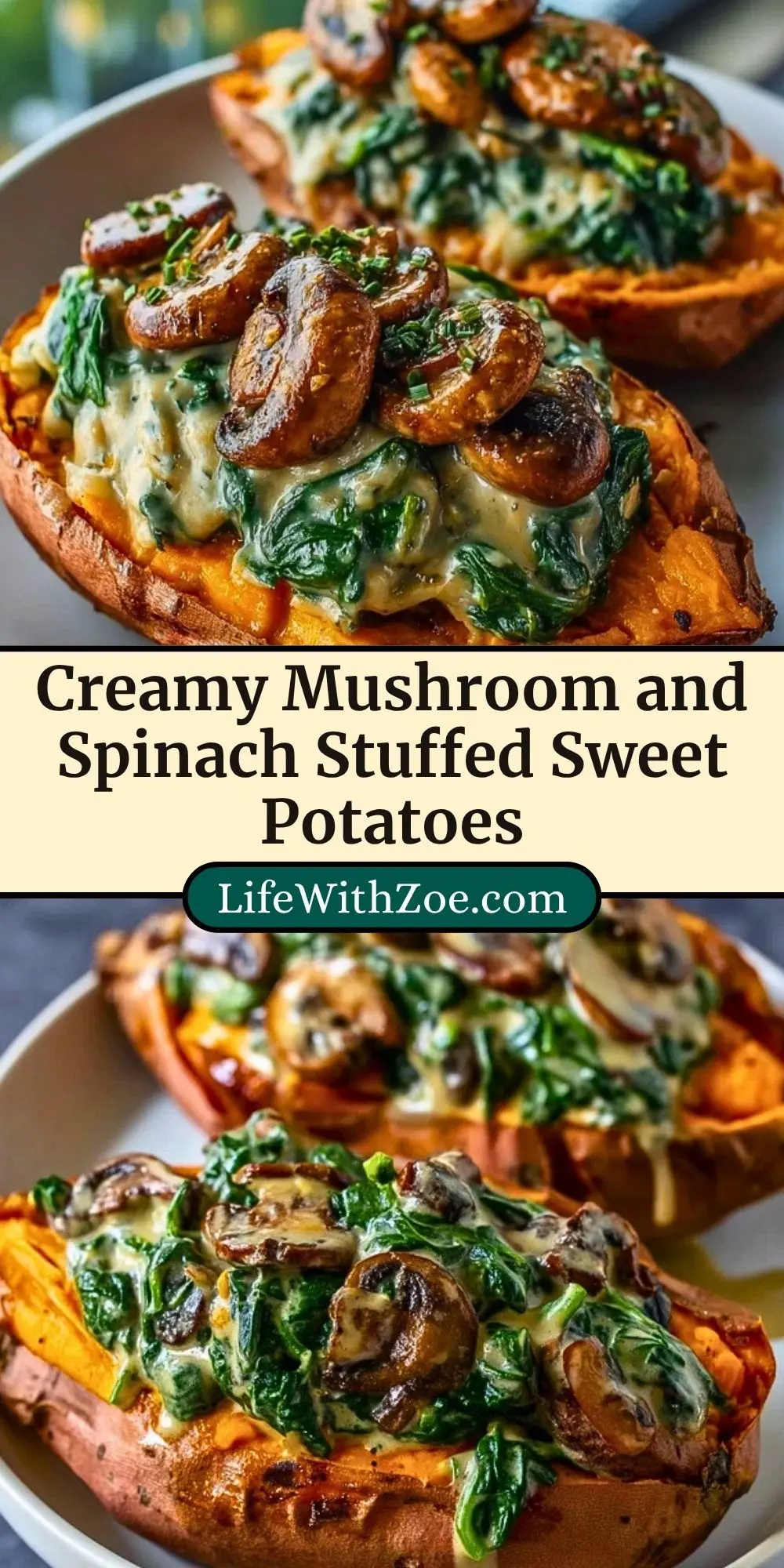 Creamy Mushroom and Spinach Stuffed Sweet Potatoes Pin 2