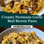 Creamy Parmesan Garlic Beef Bowtie Pasta Pin 1