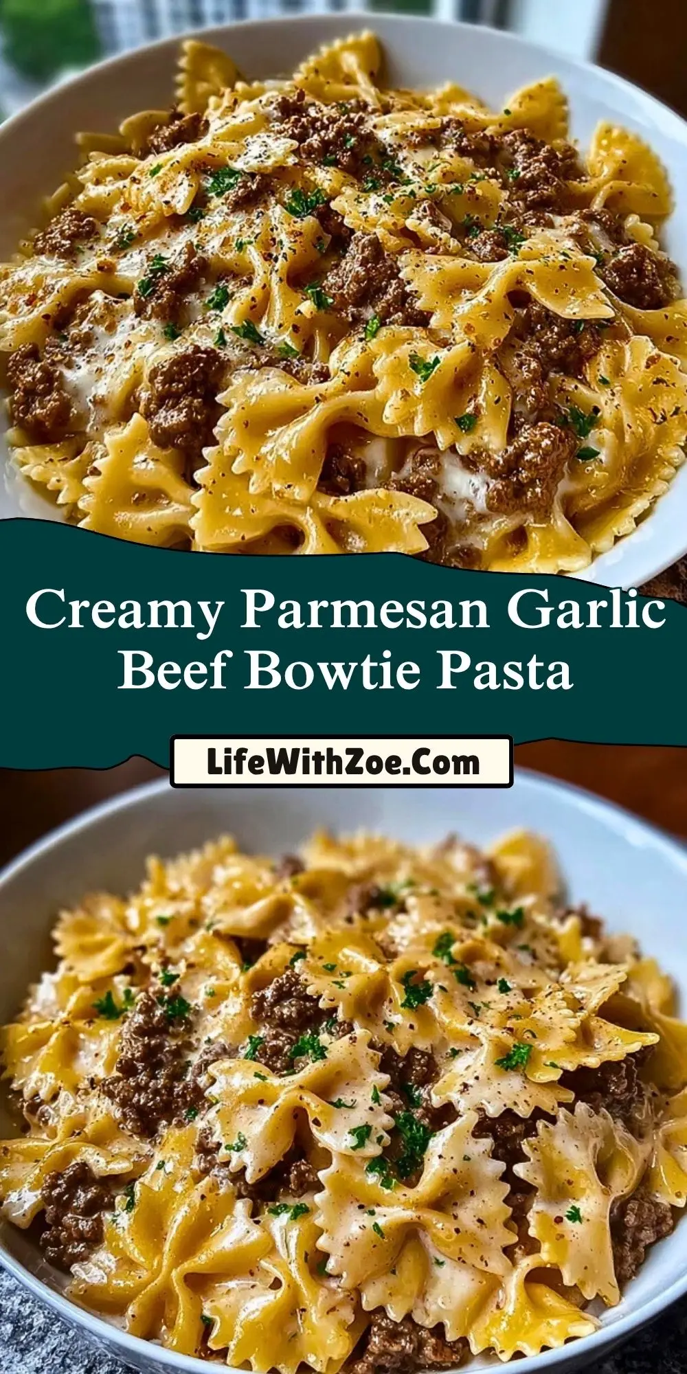 Creamy Parmesan Garlic Beef Bowtie Pasta Pin 1