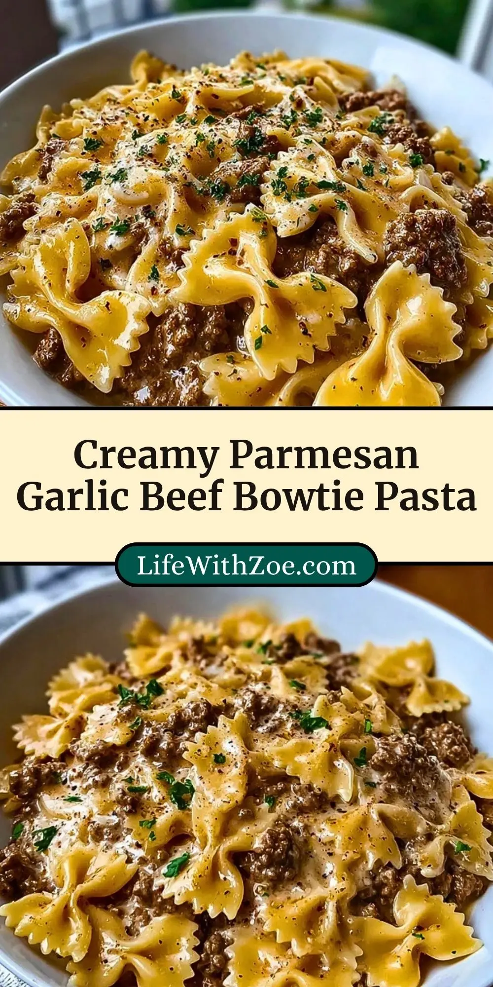 Creamy Parmesan Garlic Beef Bowtie Pasta Pin 2