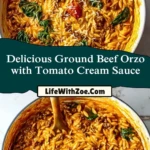 Delicious Ground Beef Orzo with Tomato Cream Sauce Pin 1