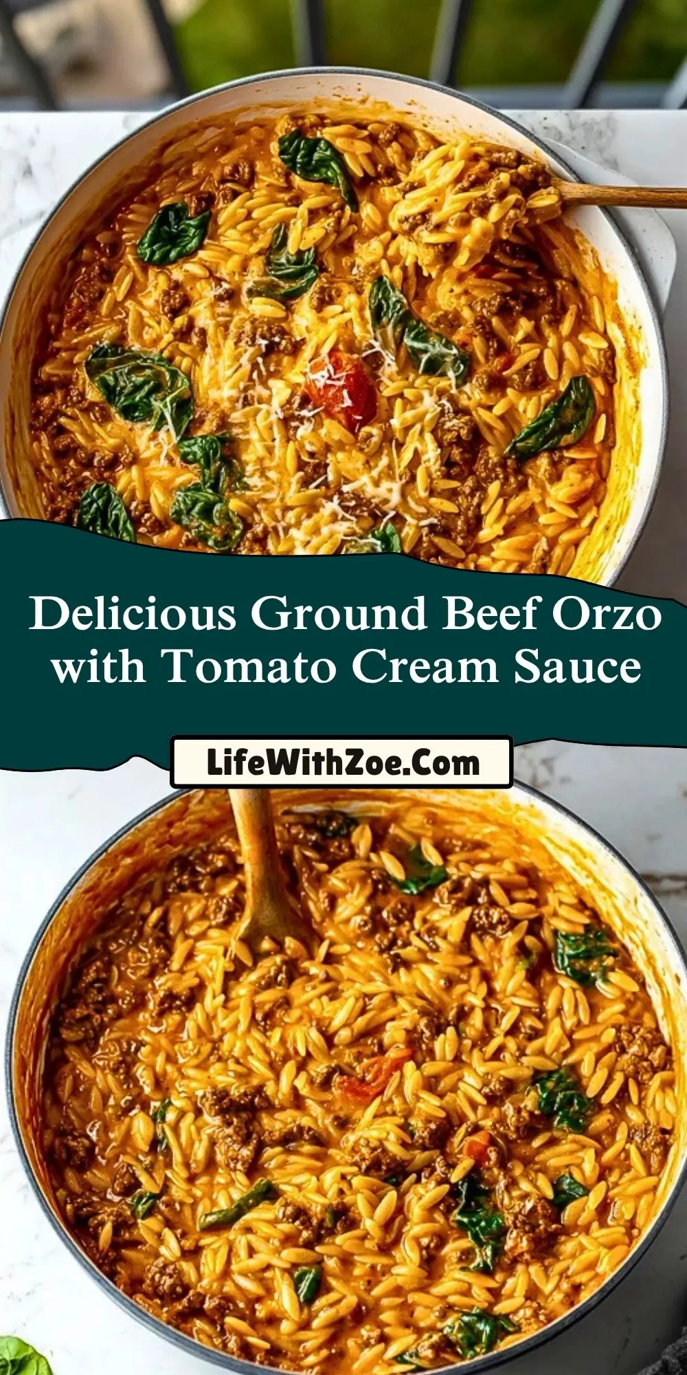 Delicious Ground Beef Orzo with Tomato Cream Sauce Pin 1