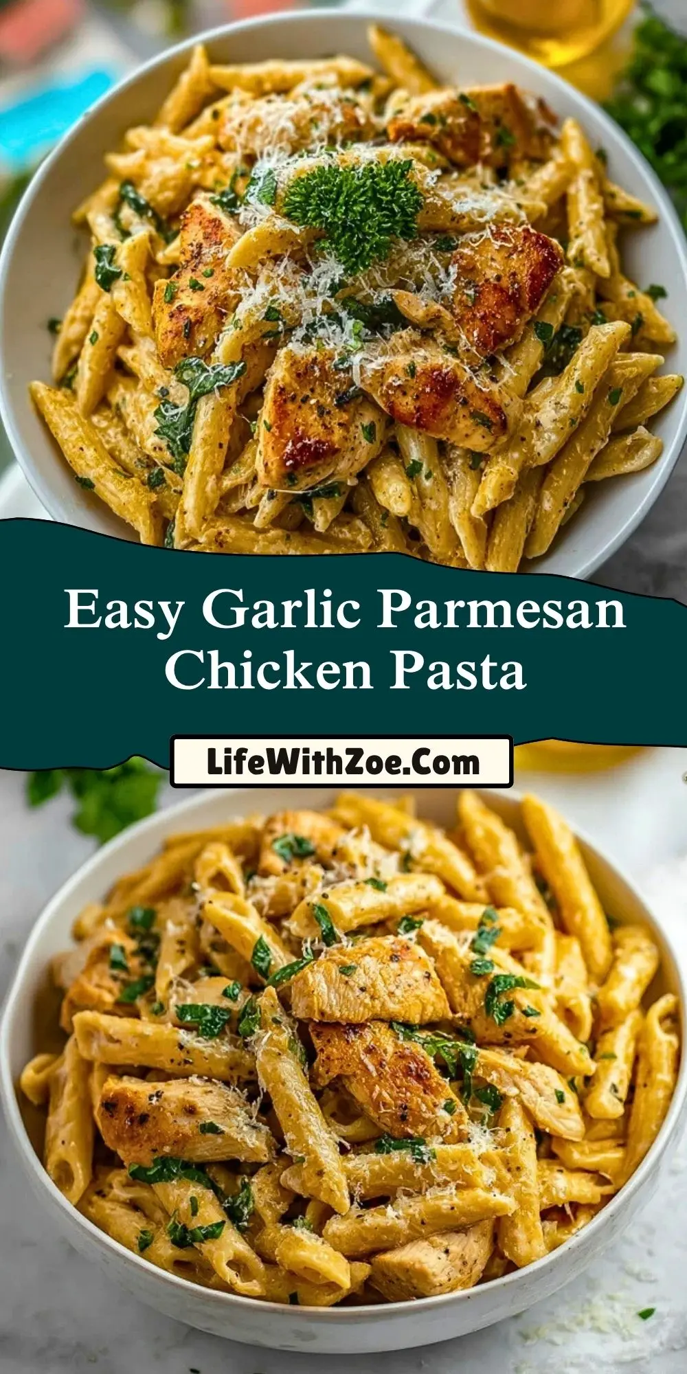 Easy Garlic Parmesan Chicken Pasta Pin 1