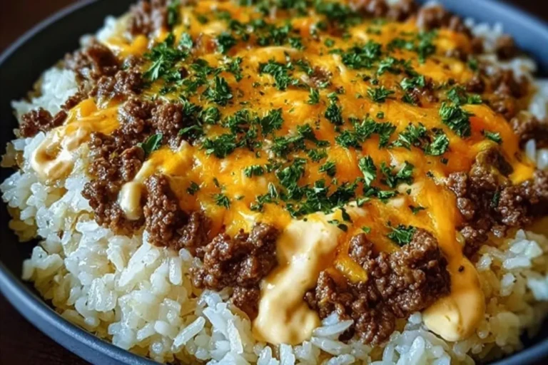 Garlic Butter Beef and Rice Skillet with Cheddar Parmesan Sauce 1