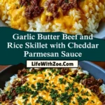 Garlic Butter Beef and Rice Skillet with Cheddar Parmesan Sauce Pin 1