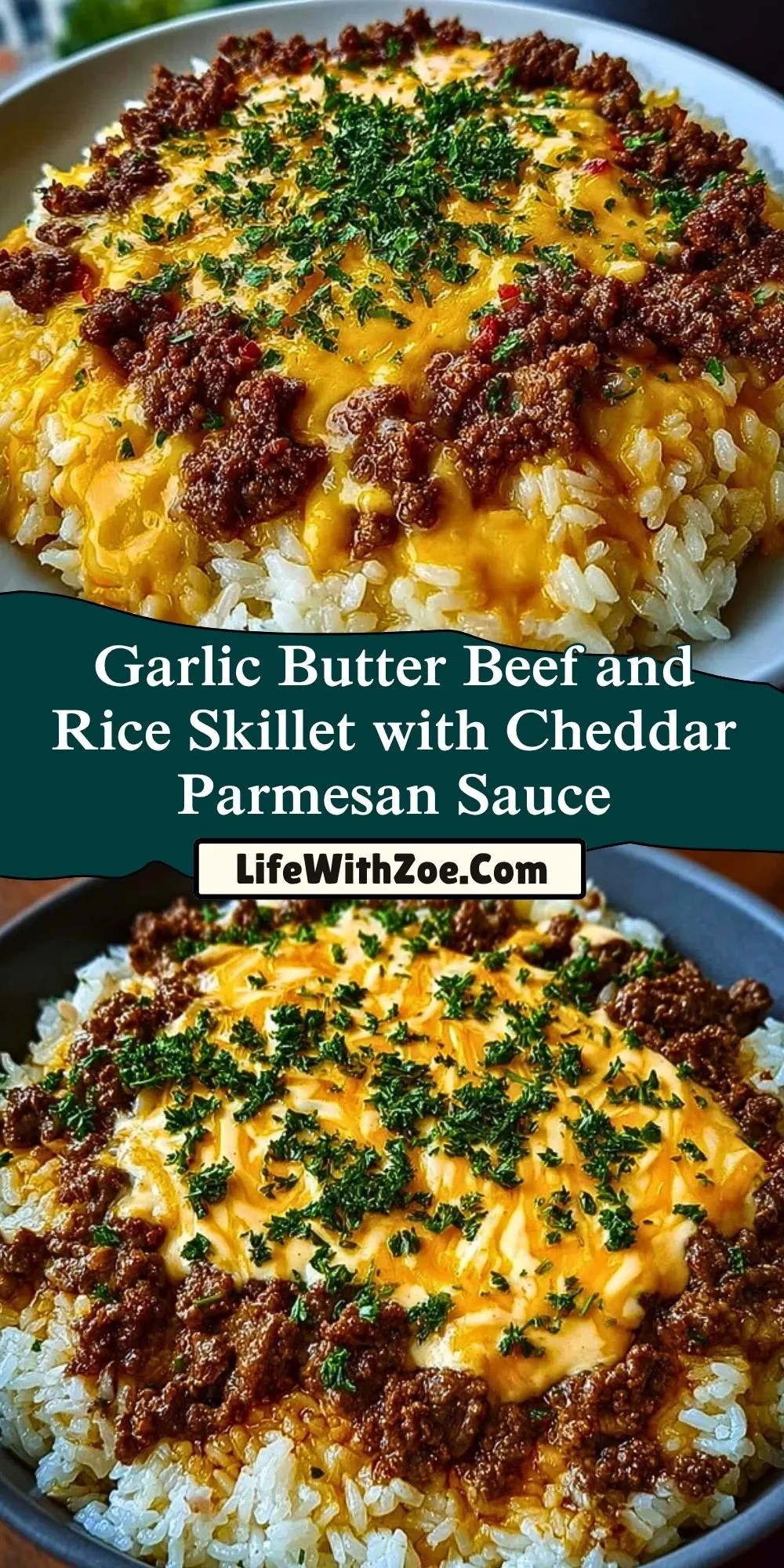 Garlic Butter Beef and Rice Skillet with Cheddar Parmesan Sauce Pin 1