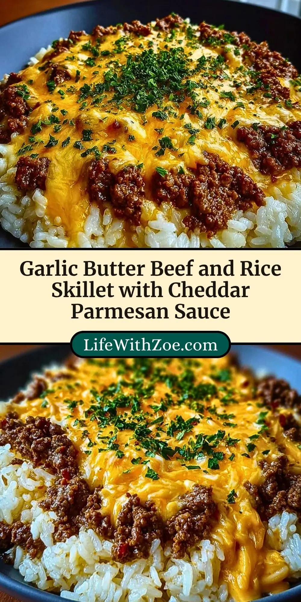 Garlic Butter Beef and Rice Skillet with Cheddar Parmesan Sauce Pin 2