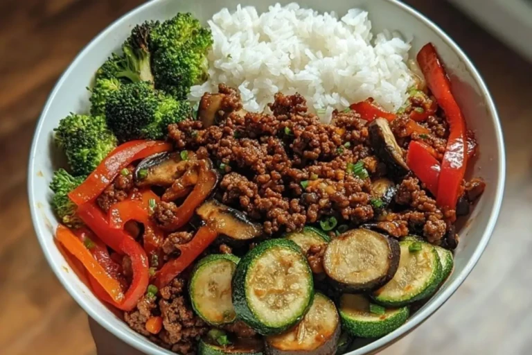 Spicy Ground Beef Stir-Fry Bowl with Garlic Veggies & Steamy Rice 1