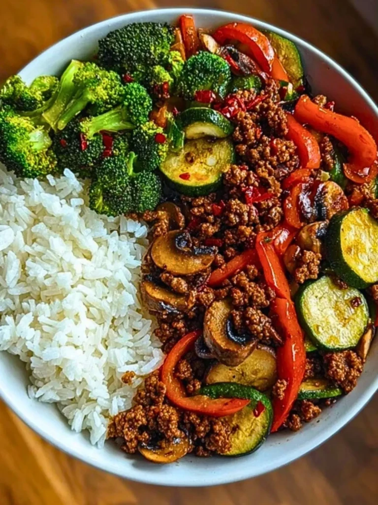 Spicy Ground Beef Stir-Fry Bowl with Garlic Veggies & Steamy Rice 2