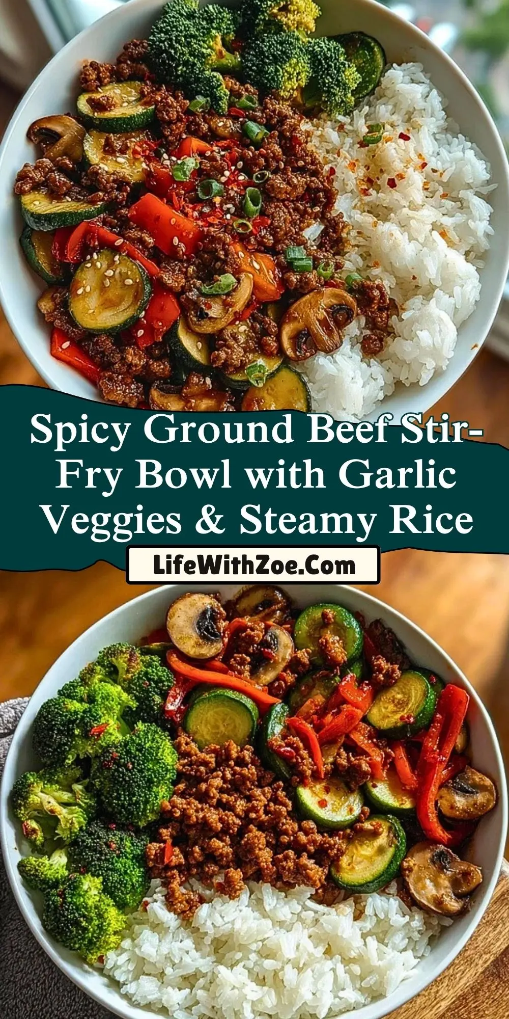 Spicy Ground Beef Stir-Fry Bowl with Garlic Veggies & Steamy Rice Pin 1