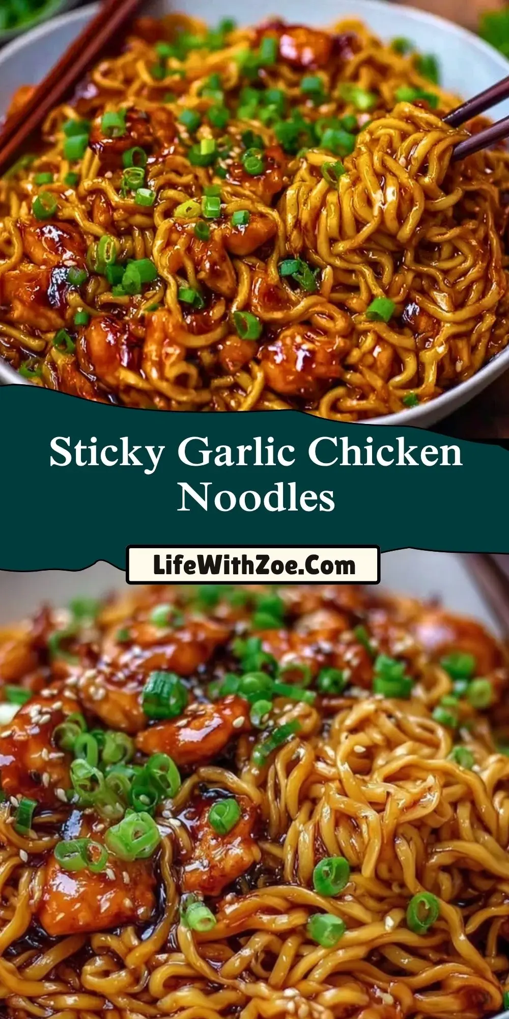 Sticky Garlic Chicken Noodles Pin 1
