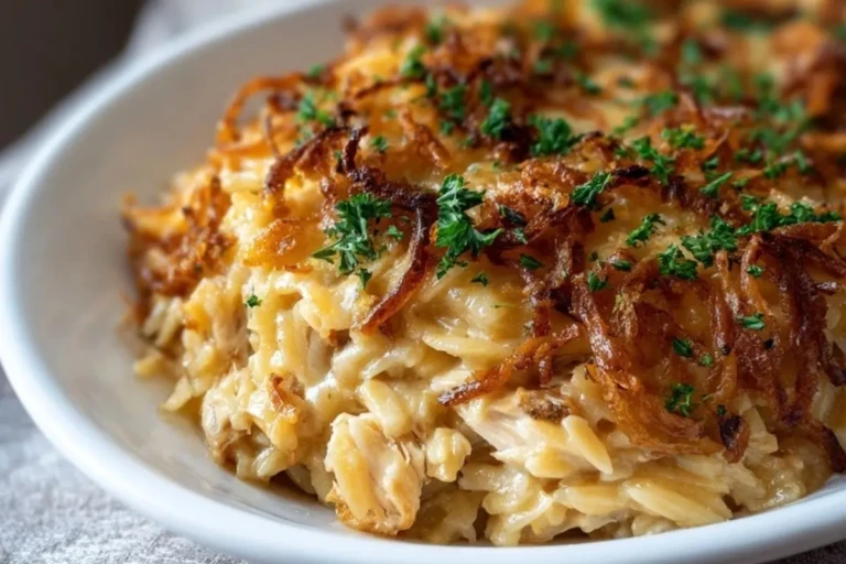 French Onion Chicken Orzo Casserole