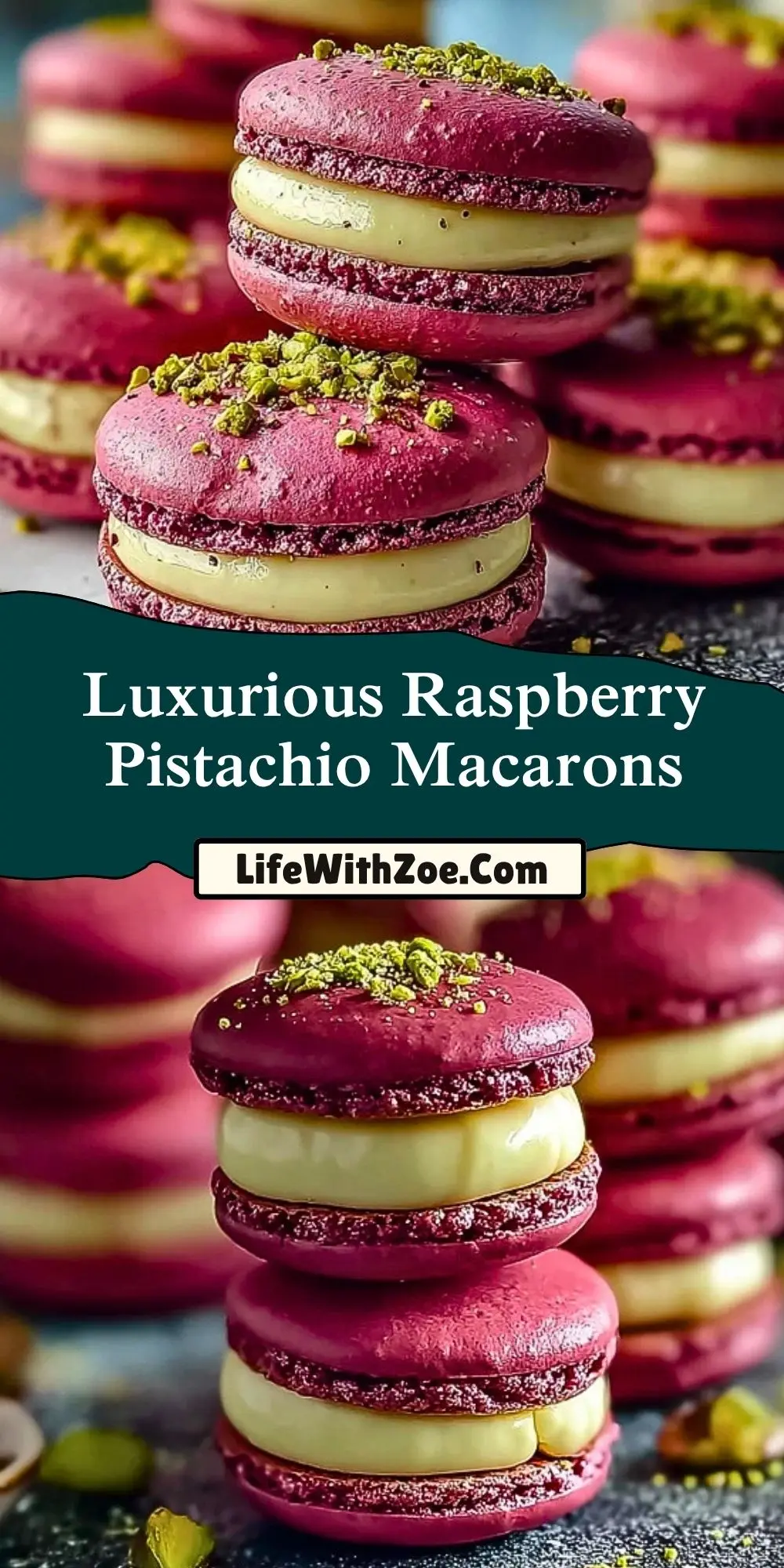 Luxurious Raspberry Pistachio Macarons Pin 1