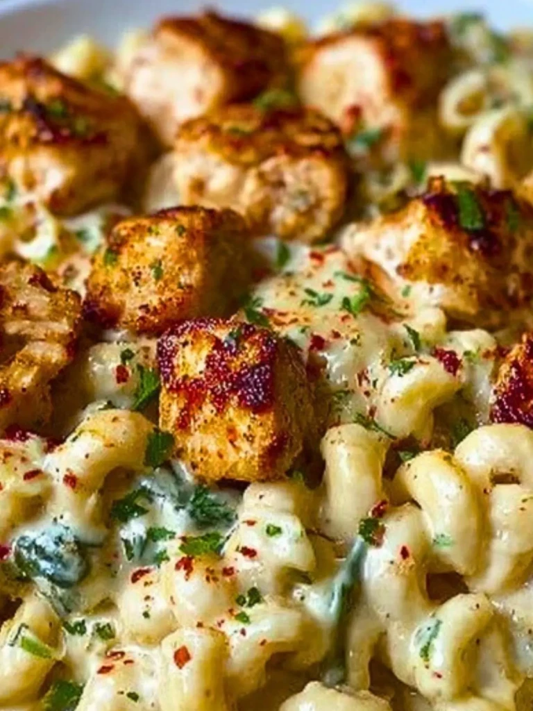 Garlic Chicken Bites and Creamy Cajun Spinach Artichoke Alfredo Pasta (1)