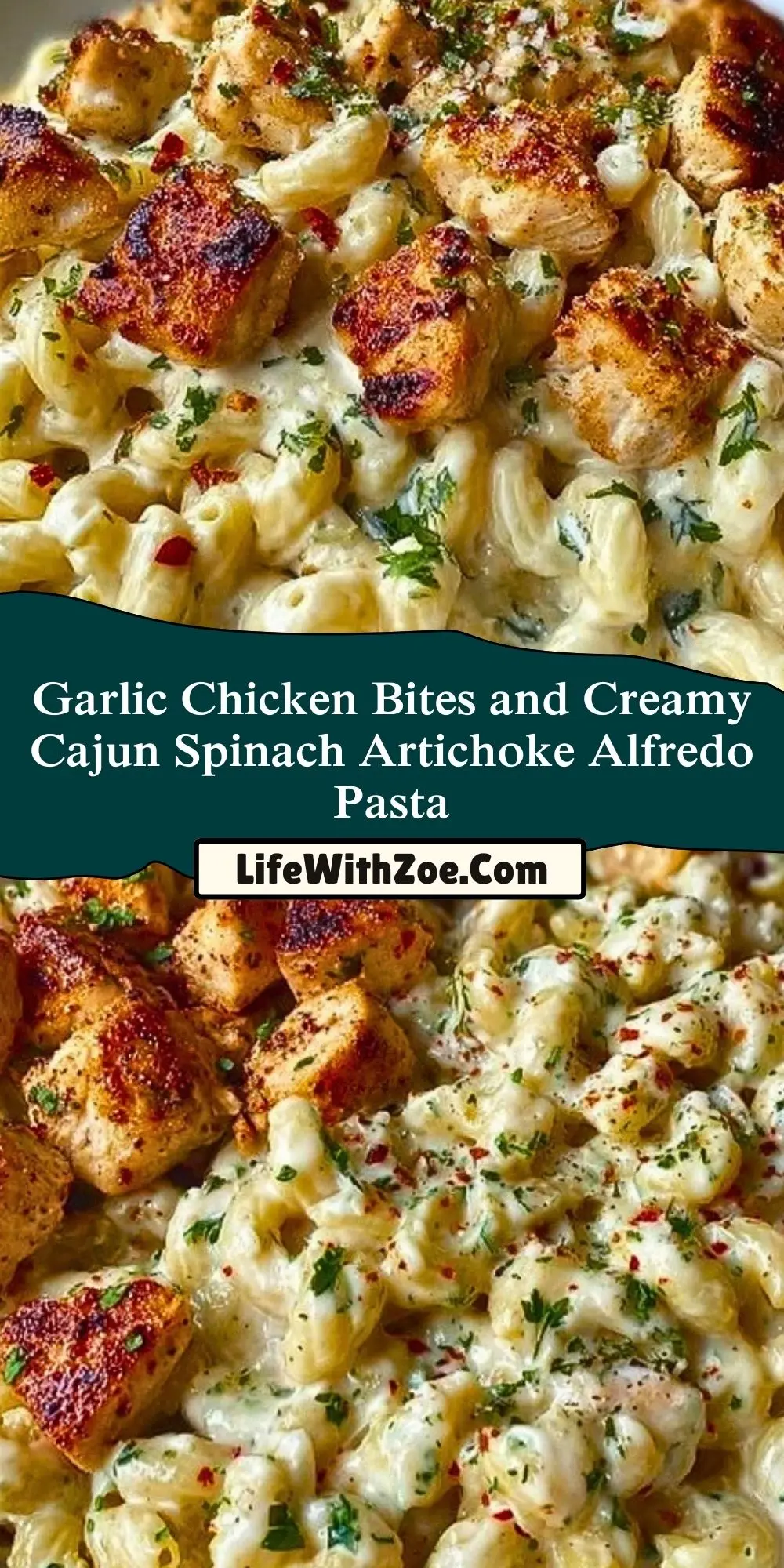Garlic Chicken Bites and Creamy Cajun Spinach Artichoke Alfredo Pasta (2)