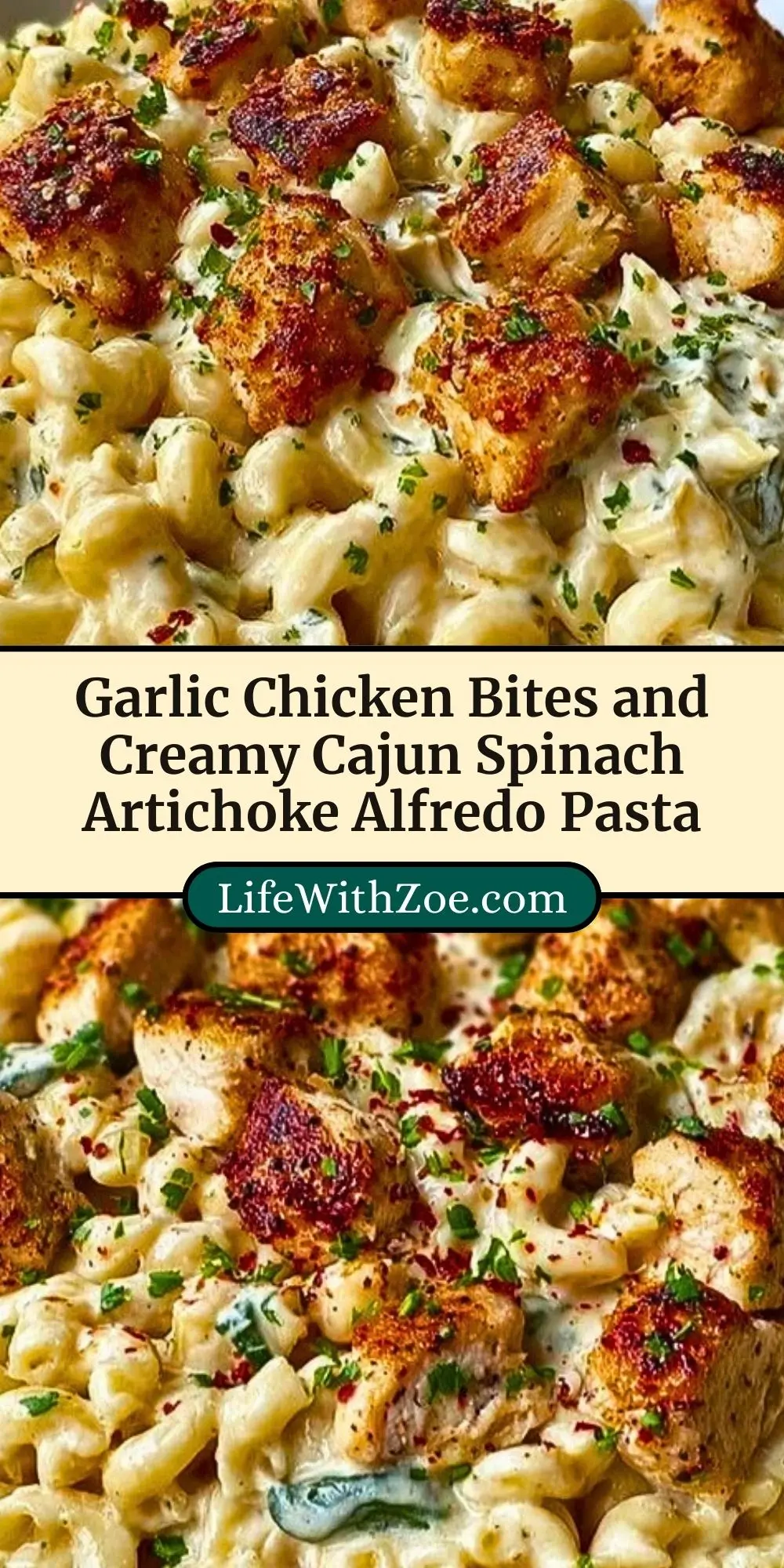 Garlic Chicken Bites and Creamy Cajun Spinach Artichoke Alfredo Pasta (3)