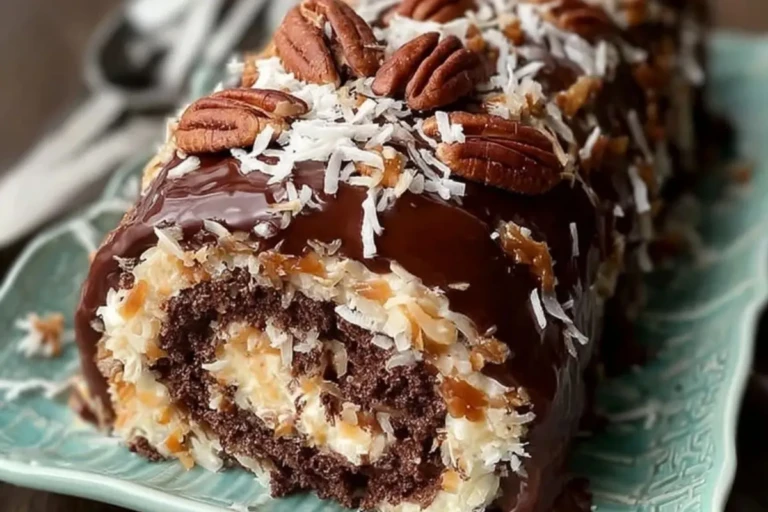 Decadent German Chocolate Coconut Pecan Roll Cake