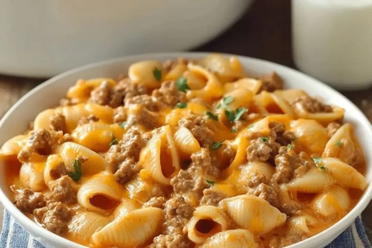 Crockpot Cheesy Ranch Beef Pasta Shells