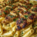 Cheddar Parmesan Garlic Butter Chicken with Creamy Penne Pasta