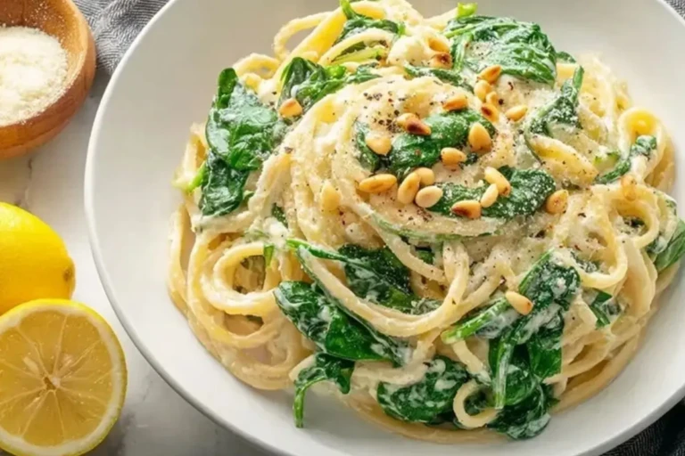 Lemon Ricotta Pasta with Spinach and Toasted Pine Nuts