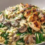 One Pan Creamy Spinach Mushroom Orzo with Chicken