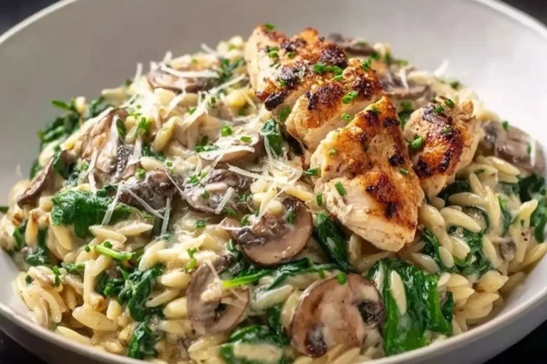 One Pan Creamy Spinach Mushroom Orzo with Chicken